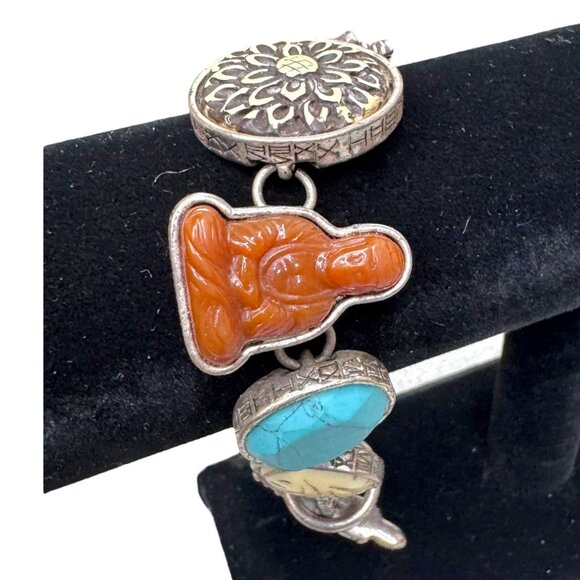 Vtg Tibetan Silver Stone Toggle Bracelet Scarab Turtle Totem Buddha Turquoise - Picture 6 of 9